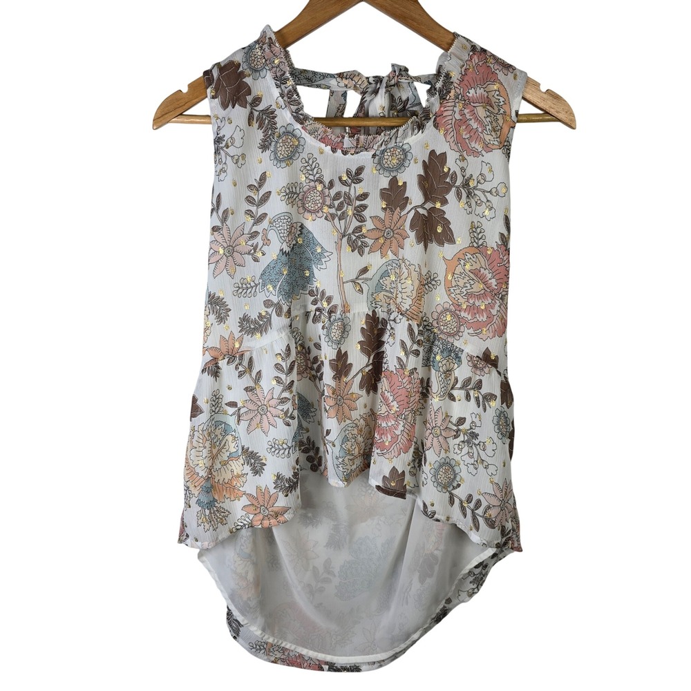 LOFT Petite Floral Sleeveless Top Ruffle Neck Hi Low Hem Blouse‎ Size LP